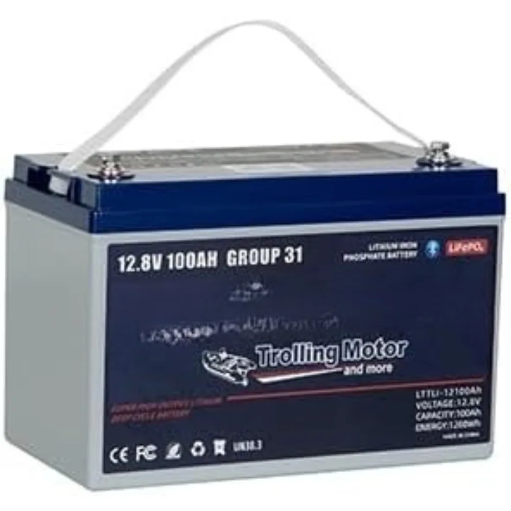 12V 100Ah Trolling Motor Bluetooth LiFePO4 Battery, 120A BMS Rechargeable BCI Group 31 Lithium Battery with Low-Temp Protection,