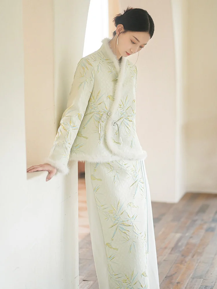 

Комплект из хлопковой куртки и брюк ChuChan в китайском стиле для женщин: новая осенне-зимняя верхняя одежда Ханьфу с цветочной вышивкой в национальном стиле