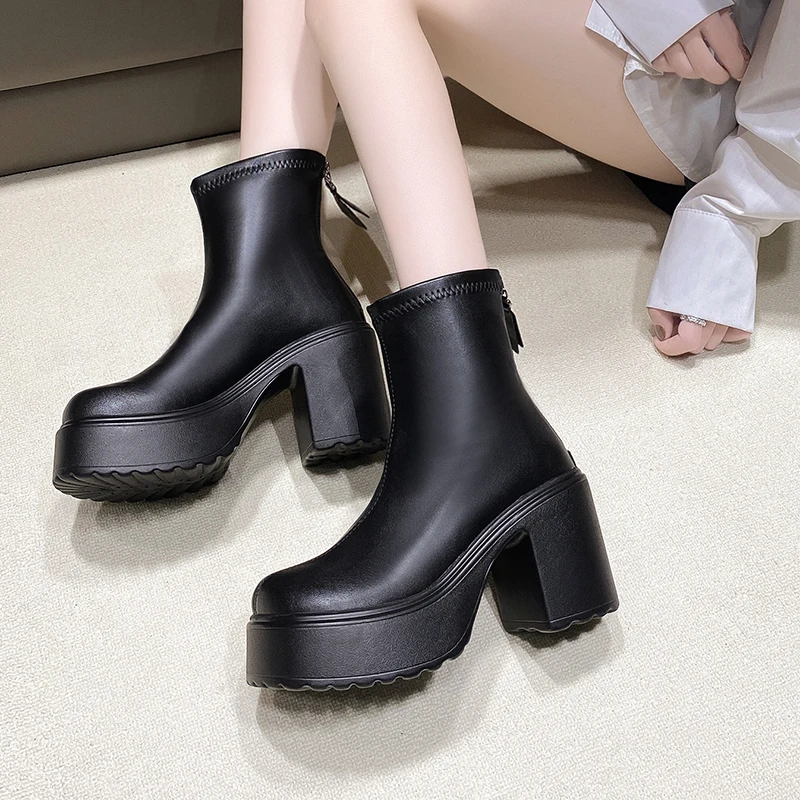 Lucyever Women Chunky High Heels Ankle Boots Pu Leather Thick Platform Gothic Booties Woman Back Zipper Short Boots Female 42