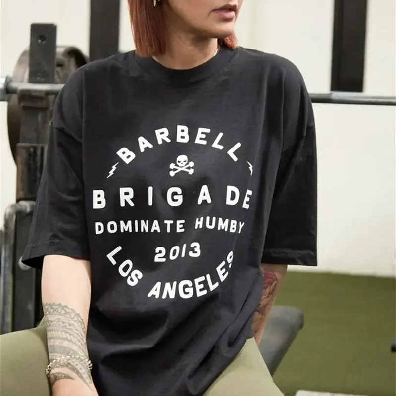 BARBELL Men Oversize Summer T-shirt Gym Fitness Loose Comfortable Sports Tees Hip Hop 100% Cotton Top Bodybuilding Workout Shirt