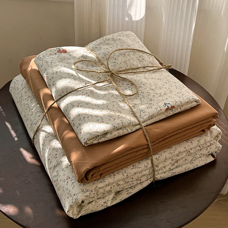 Soft Cotton Floral Printed Duvet Cover Set with Flat Bed Sheet Quilt Cover Pillowcases Washed Cotton Bedding Set for All Seasons