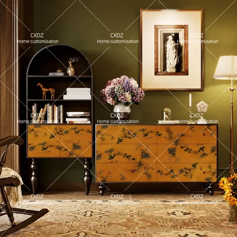 Medieval Style Butterfly Flower Pattern 6 Drawer Chest Cabinet Living Room Storage Unit Porch Decor Bookcase Vertical Locker