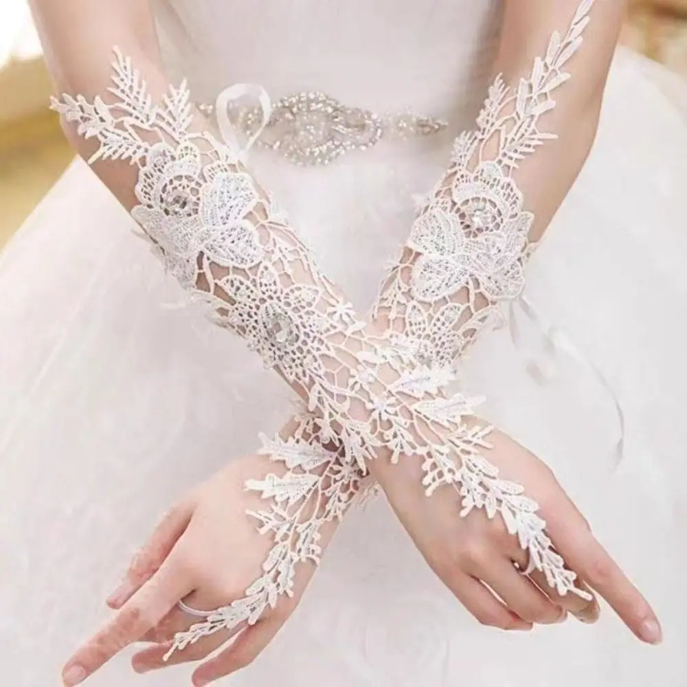 Creative Lace Wedding Gloves Crystal Photo Pros Fingerless Gloves Floral Pattern Versatile Long Gloves Bride Accessories