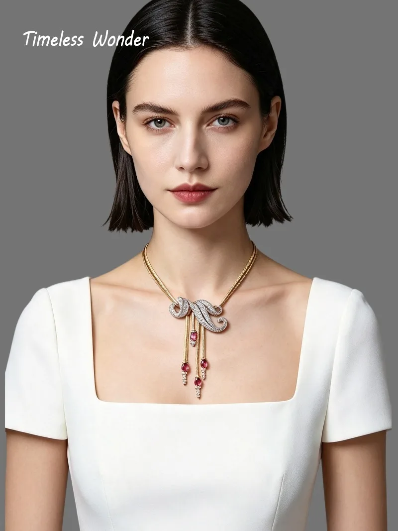 Timeless Wonder Fancy Zircon Geo Glass Snake Chain Pave Necklace Women Designer Jewelry Top Rare Trendy Classy Vintage 4612