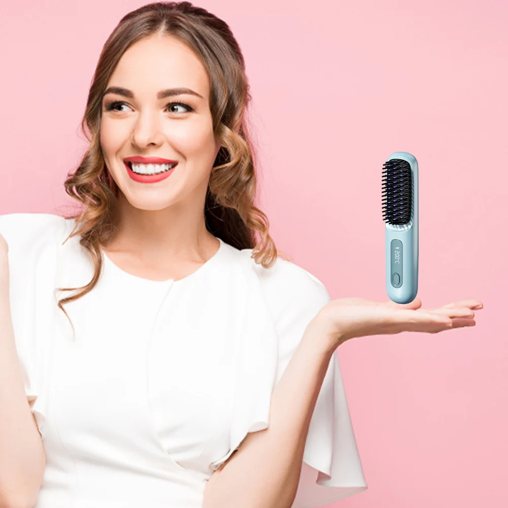 

Cordless Hair Straightener Portable Straightener Brush 3 Adjustable Temp Hair Straightening Brush Anti-scald for All Hair Types
