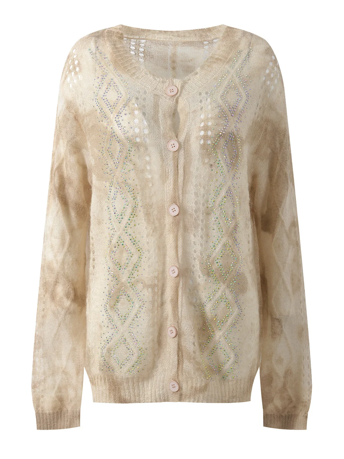 

Fall 2025 Design Sense Hollow out Diamond Embedded round Ne Loose Slim Long Sve Versatile Knitted Open Cardigan Top