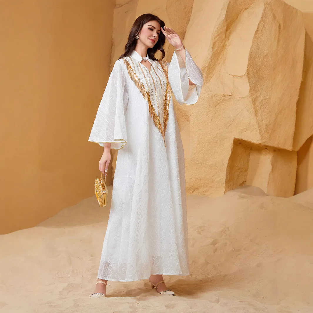 

Muslim 2026 New Fashion Women's Elegant Luxury Loose Casual Daily Long Sleeve V-neck Ankle Length Dresses Female Sequins Abaya