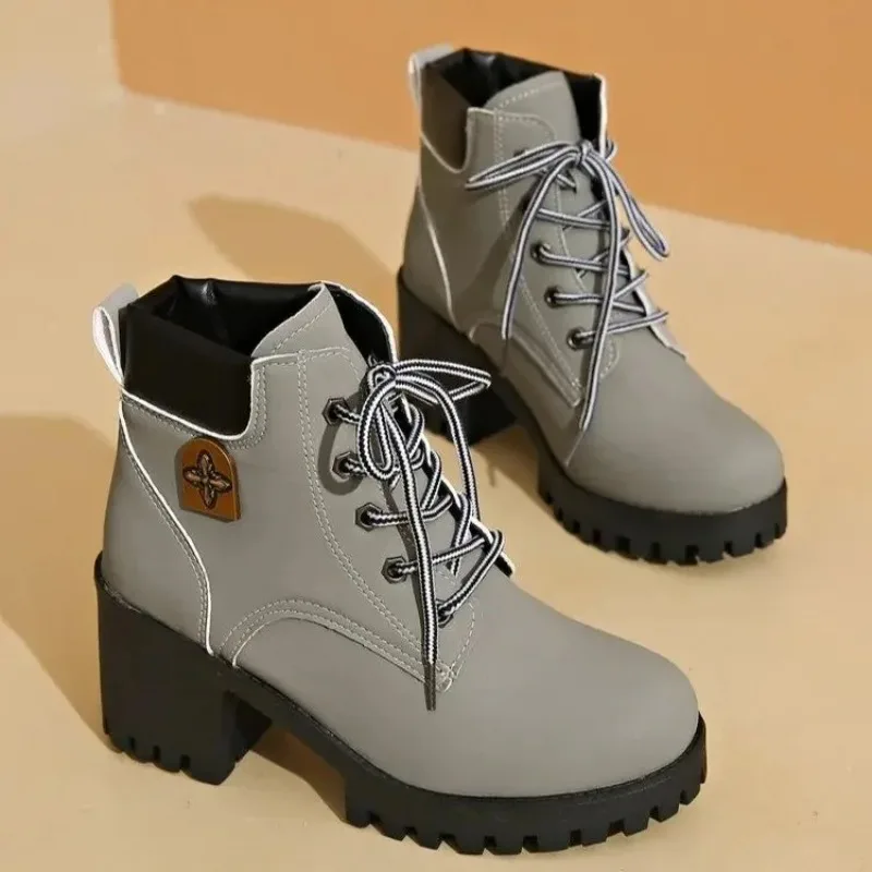 2026New Women Boots Fashion Casual Leather Boots Thick Heels Ankle Booties Classic Lace Up Short Boots for Women Bottines Femmes