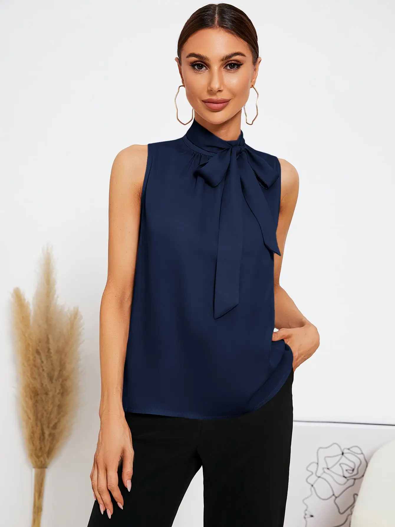 Women\'s Summer Navy Blue Sleeveless Shirt Top Tie Casual Fashion Design A-line Vest Strapless Neck Hanging