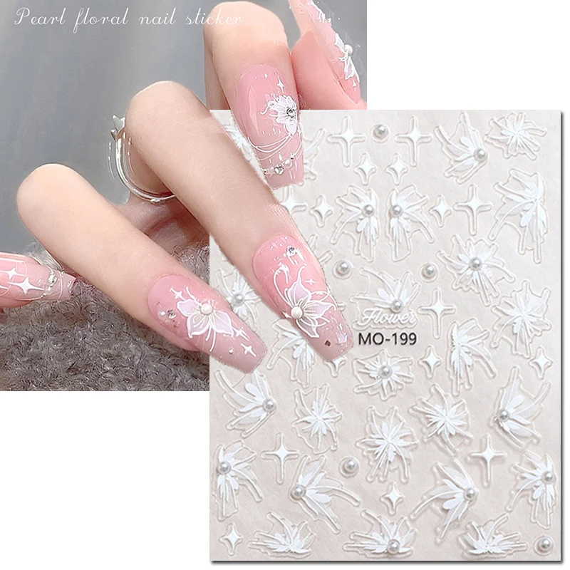 

5d Embossed Elegant White Pearl Florals Flowers Nail Art Decals Stickers For Nails Art Manicures Tips Decorations