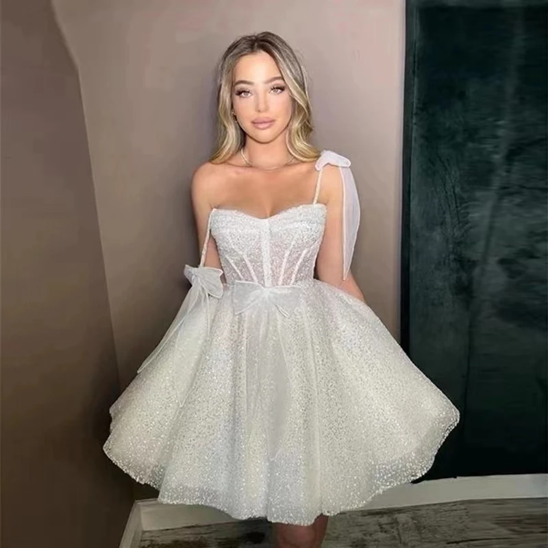 Angelsbridep Mini Wedding Dress Short Spaghetti Straps Glitter Tulle Sparkle With Bow Bridal Gowns Vestido De Niva Custom Made