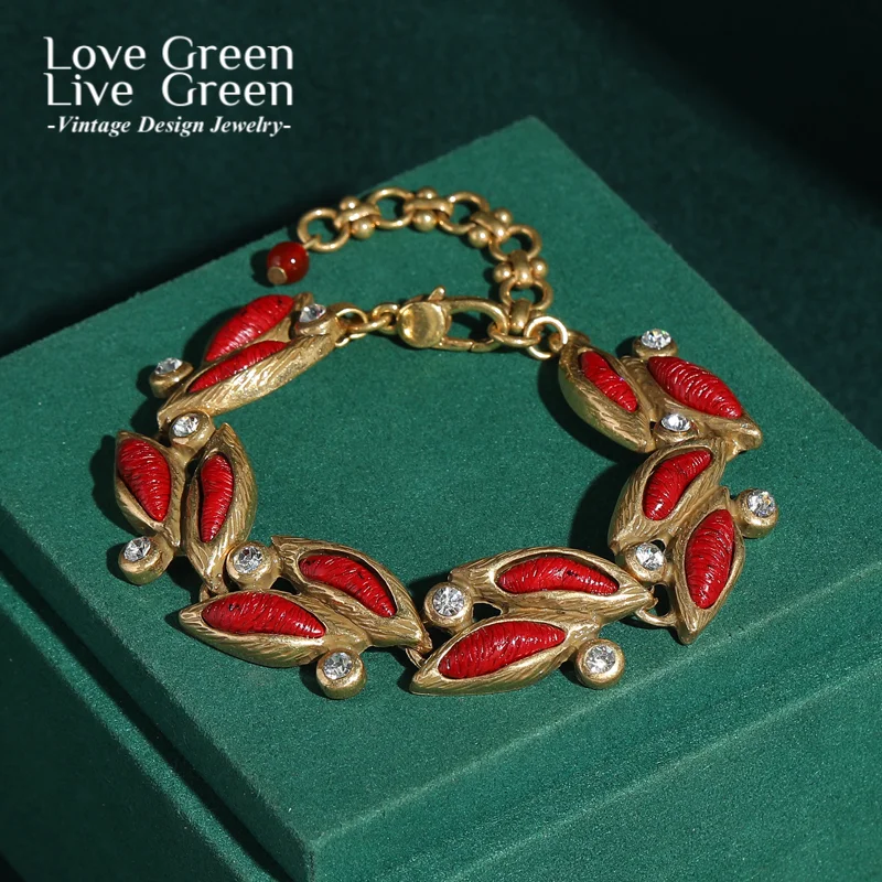 

Винтажный браслет с красным цветком и камнем золотого цвета, ювелирные изделия, роскошный дизайнерский женский тренд 2025, рождественский подарок, свадебное украшение