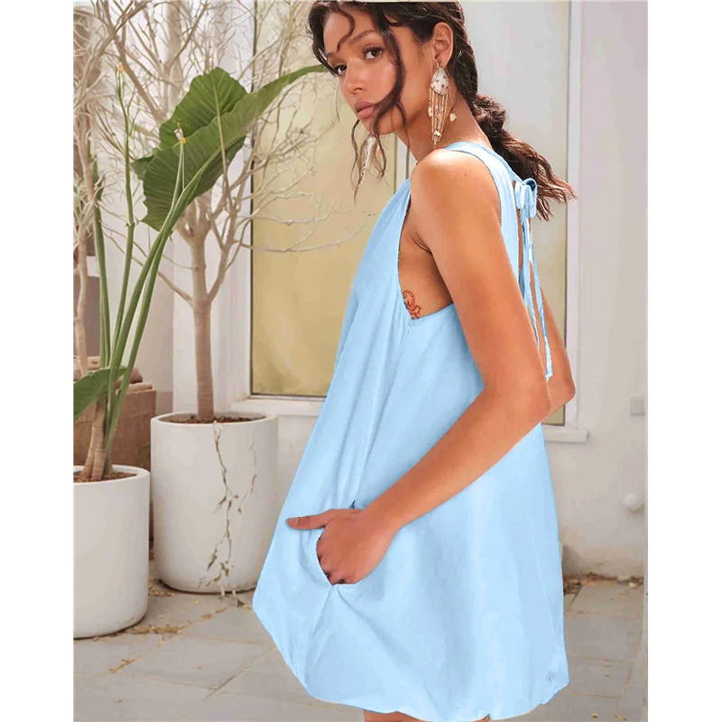 Mini-jurk voor dames zomer mouwloos sleutelgat stropdas terug tank korte jurk ronde hals zonnejurk met zakken-A55G