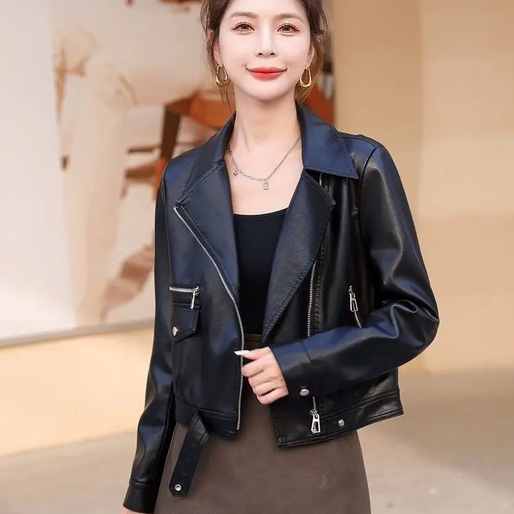 Fashion Leather Jacket Women 2026 Spring Autumn New Motorcycle Outwear Short Pu Leather Suit Collar Coat Joker Overwear Female