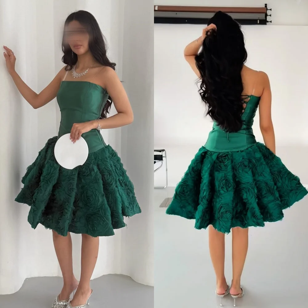 

Customized Modern Style High Quality Handmade Flower Pleat A-line Strapless Knee Length Dresses Bespoke Occasion Dresses Retro