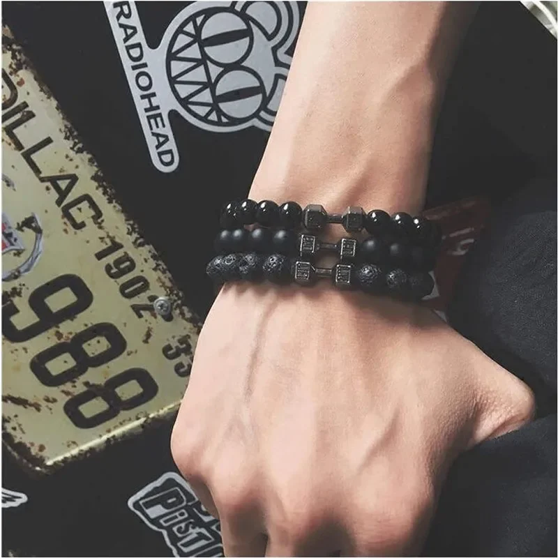 High Quality Men\'s Beaded Bracelet Natural Black Matte Agate Dumbbell Charm Bracelet Energy Fitness Barbell Fashion Jewelry