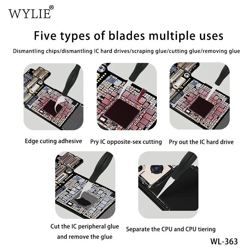 WYLIE WL-363 Integrated Repair Pry Knife Set 5-in-1 Blade for Mobile Phone Motherboard Chip IC Hard Drive CPU Glue Removal Tool