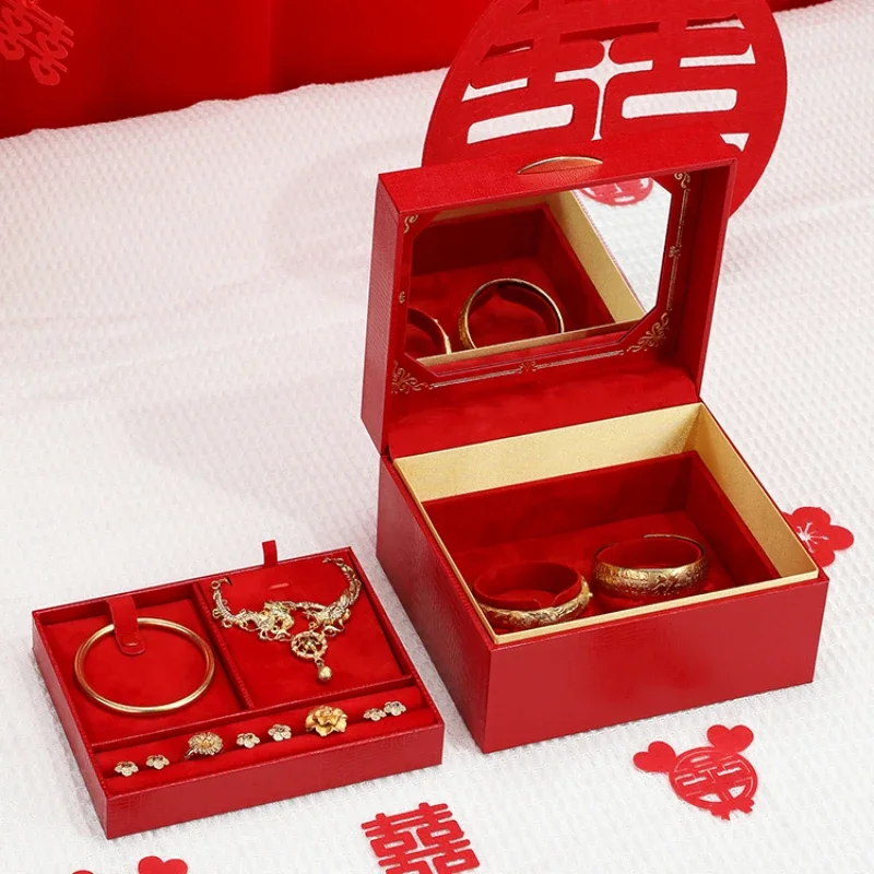 

Gold jewelry box, high-end leather, wedding dowry, wedding with mirror, engagement and dowry jewelry box