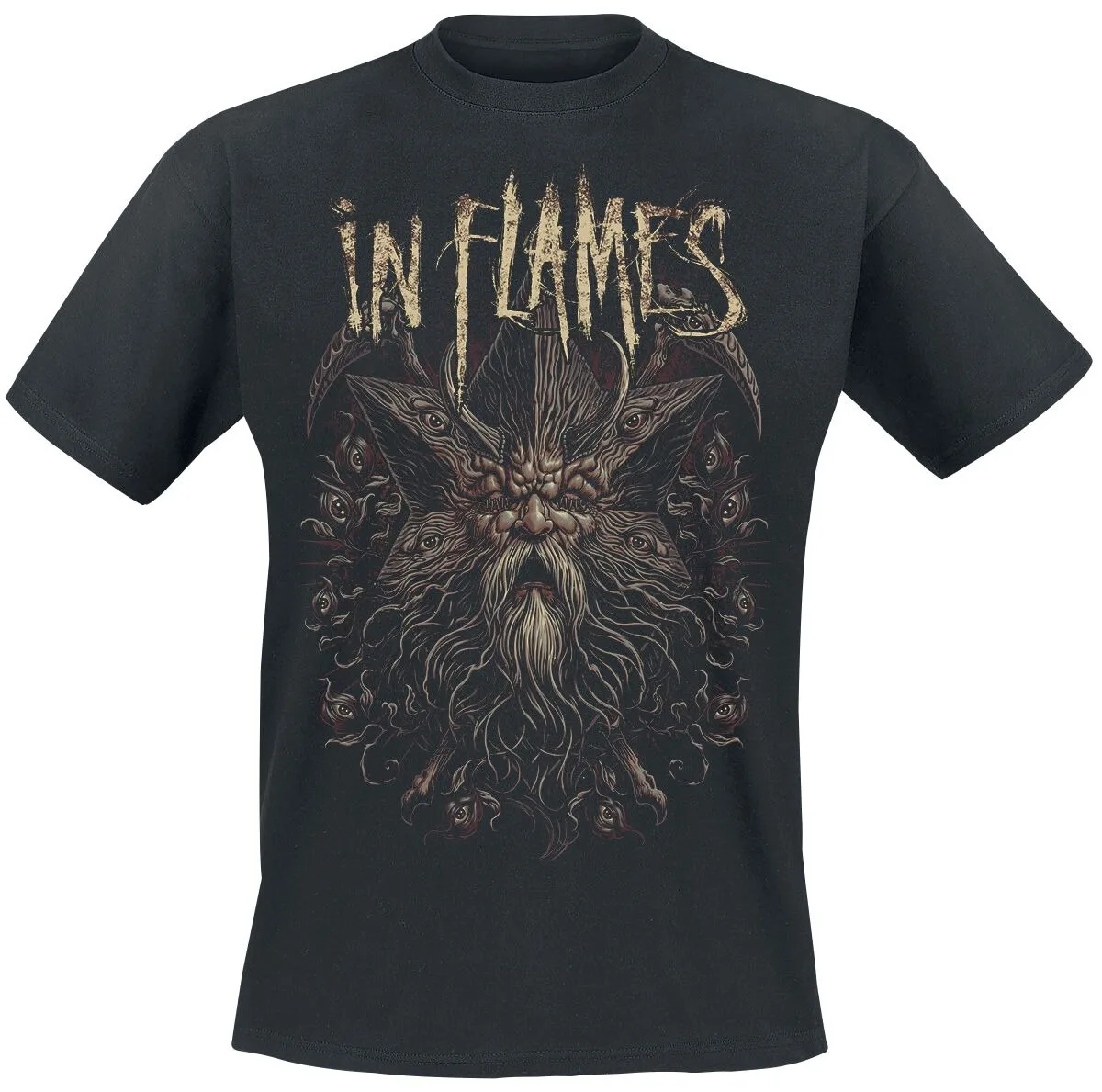 In Flames Gothic Demon Grafik-T-Shirt, Black Metal Shirt mit Okkult-Stern- und Augen-Print für Fans – Detail 4