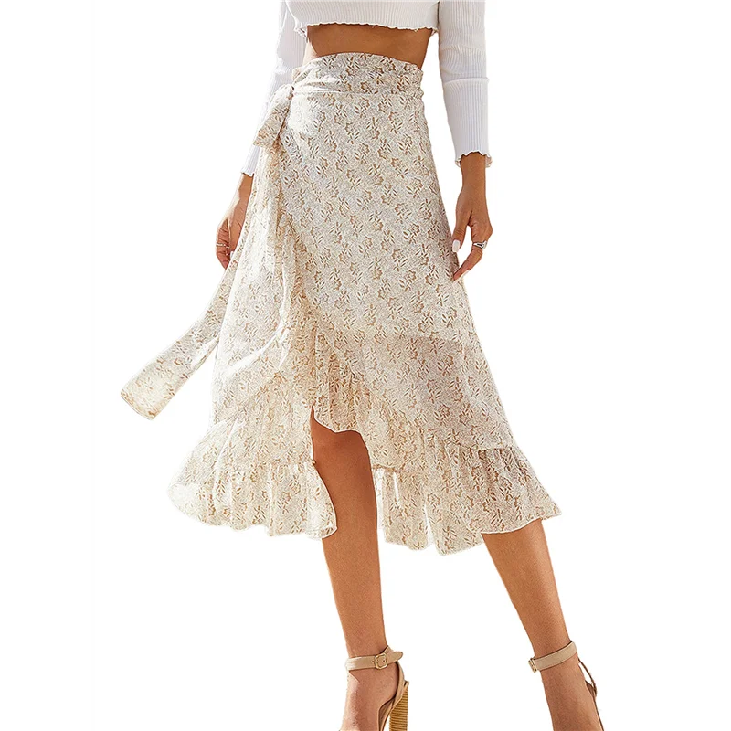 

Women's Boho Floral Print Wrap Front Self Tie Knot Ruffle Hem Split Midi Skirt