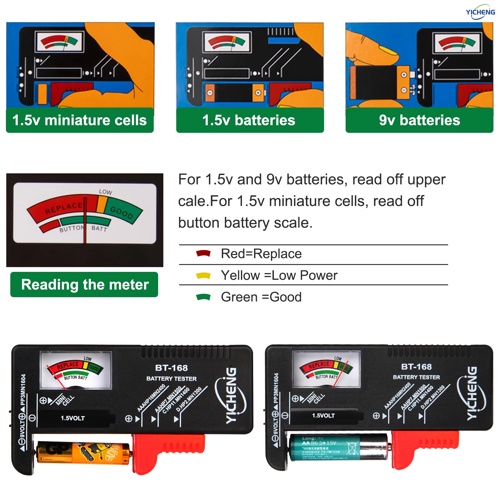 جهاز اختبار بطارية YICHENG (2 قطعة)، مدقق بطارية عالمي لبطاريات خلية زر AA / AAA / C / D / 9V / 1.5V، BT-168 / BT-168D