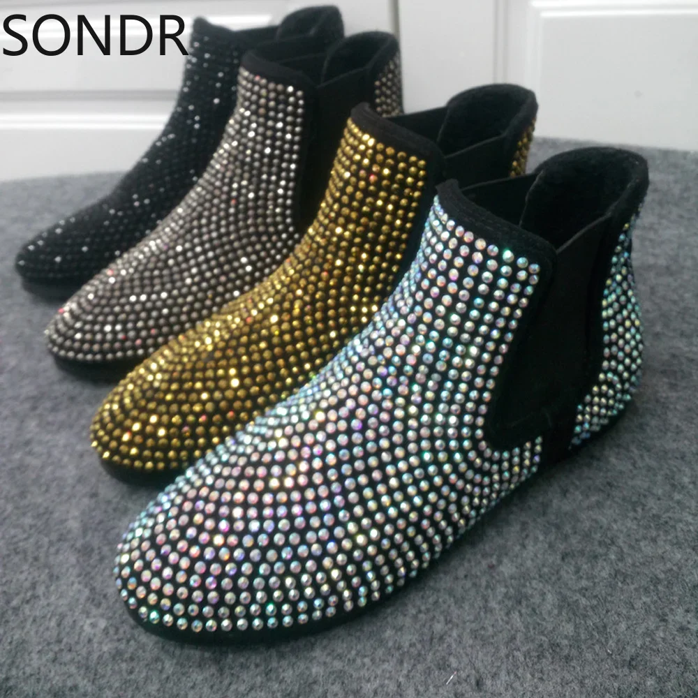 Womens Round Toe Rhinestones Crystal Ankle Boots Flats Pull On Shoes Bling Retro Girls