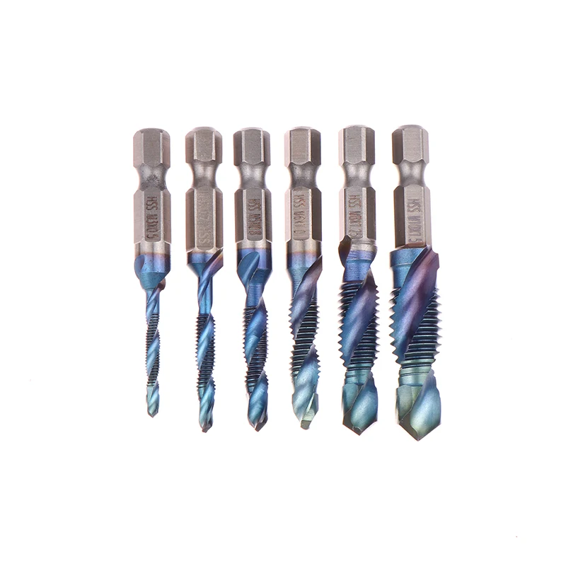 Set di 6 utensili per smussatura fori con gambo esagonale blu corto per foratura e maschiatura del rubinetto integrato