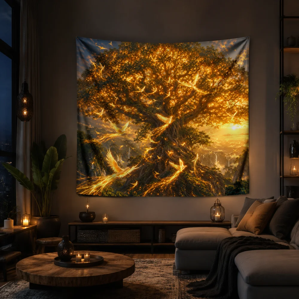 Celestial Trees Tapestry – Dreamy Glowing Landscape, Boho Bedroom Wall Decor