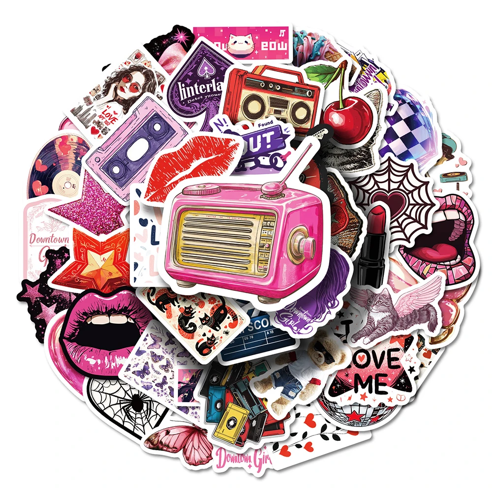 

10/30/50pcs Cartoon Downtown Y2K Girl Red Lip Stickers Aesthetic Sticker Suitcase Notebook Phone Classic Retro Cool Girls Decals