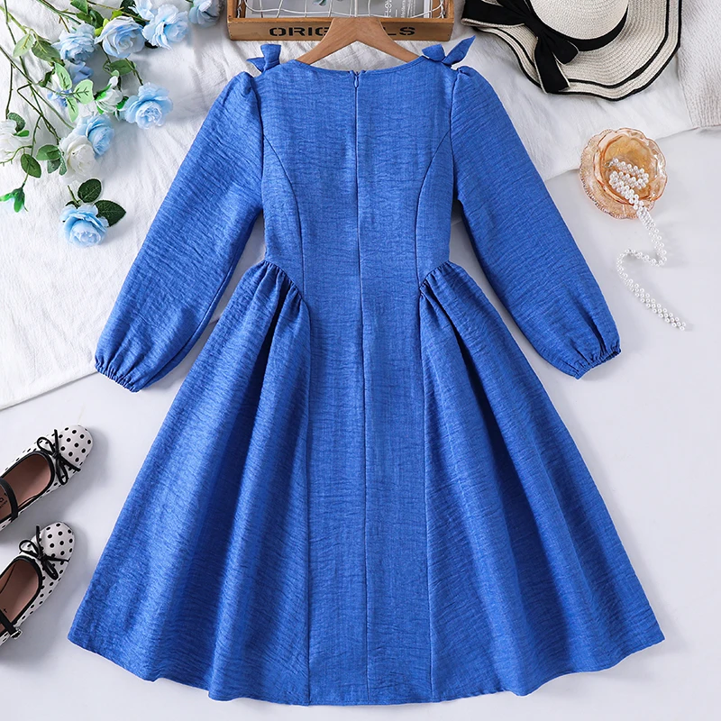 Teen Girls Solid Color Long Sleeve Midi Dress, Square Collar Decorative Bows Gathered Waist Flared Hem Casual Kids Outfit
