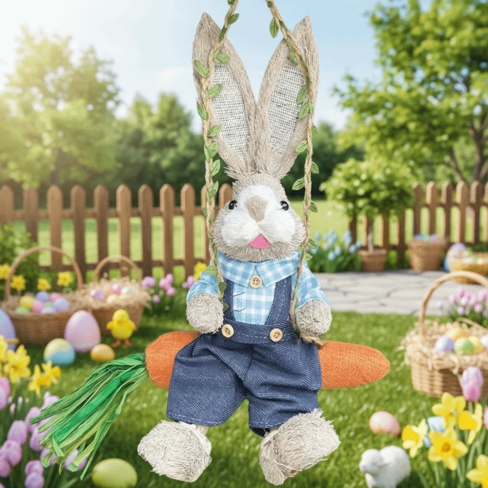 

35cm Easter Bunny Hanging Figurine Cartoon Rural Style Carrot Swing Forest Theme Handmade Woven Straw Rabbit