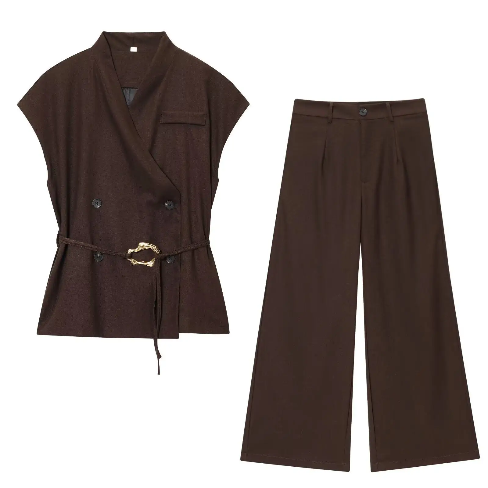 Fashion Women Pants Set Summer Golden Buckle Short Sleeve Double Breasted Shirt +Straight Pants 2Pcs Suit Office Lady Outfits