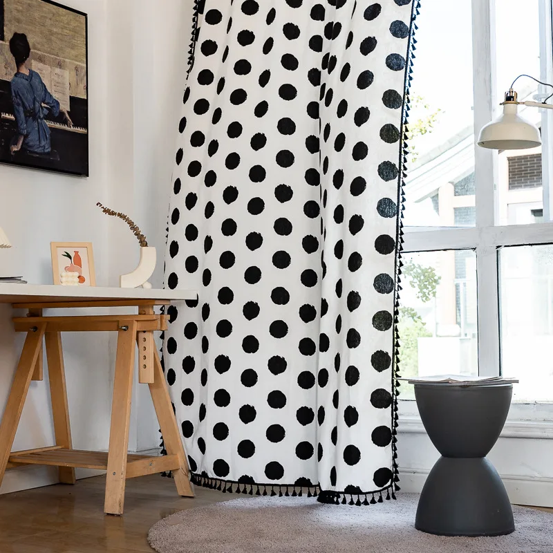 Fashion Black-And-White Polka-Dot Curtain Nordic Semi-Shading Window Screen for Bedroom Living Room Restaurant Tassel Curtains