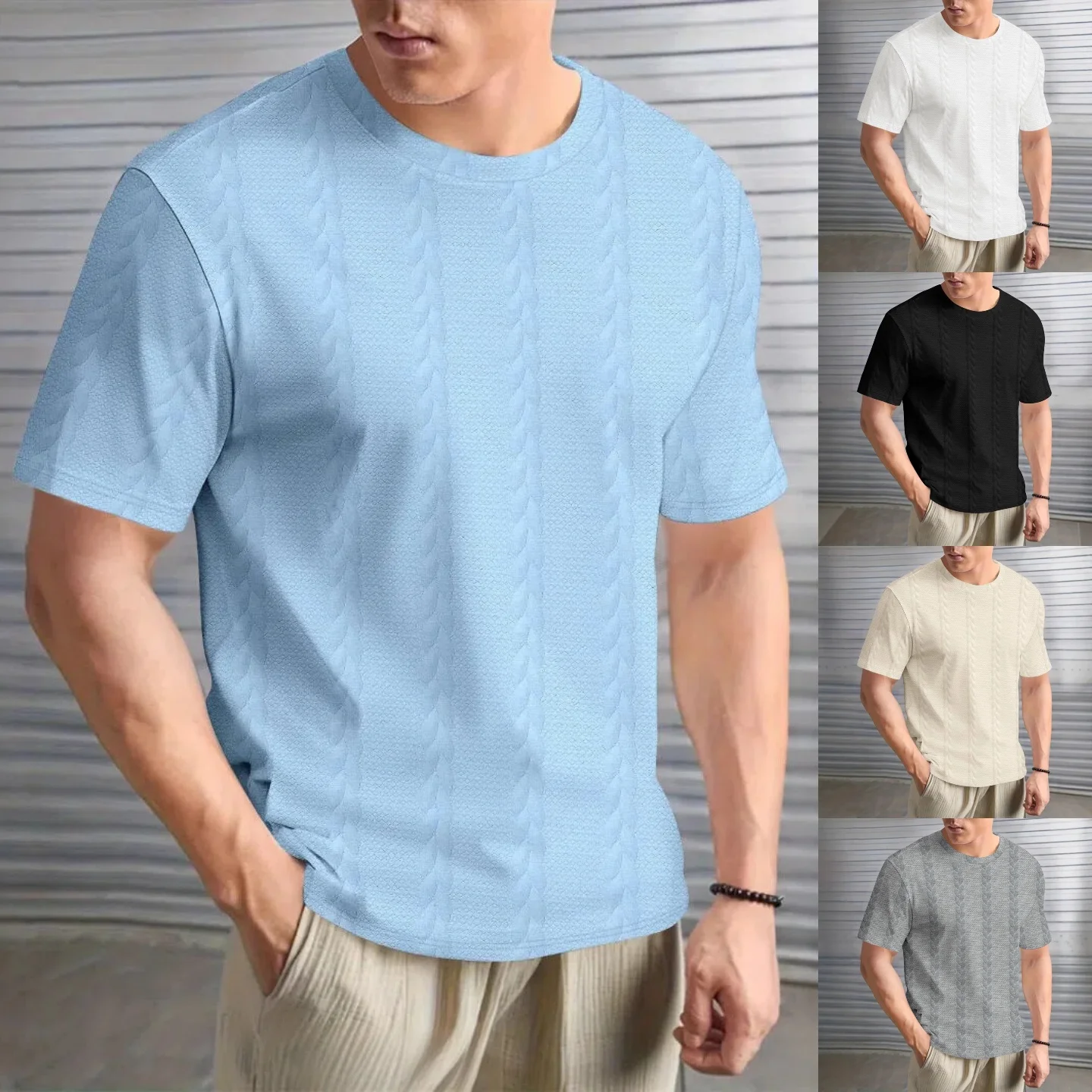 Summer men's new jacquard fabric trend casual loose and comfortable simple style, solid-color round-neck T-shirt