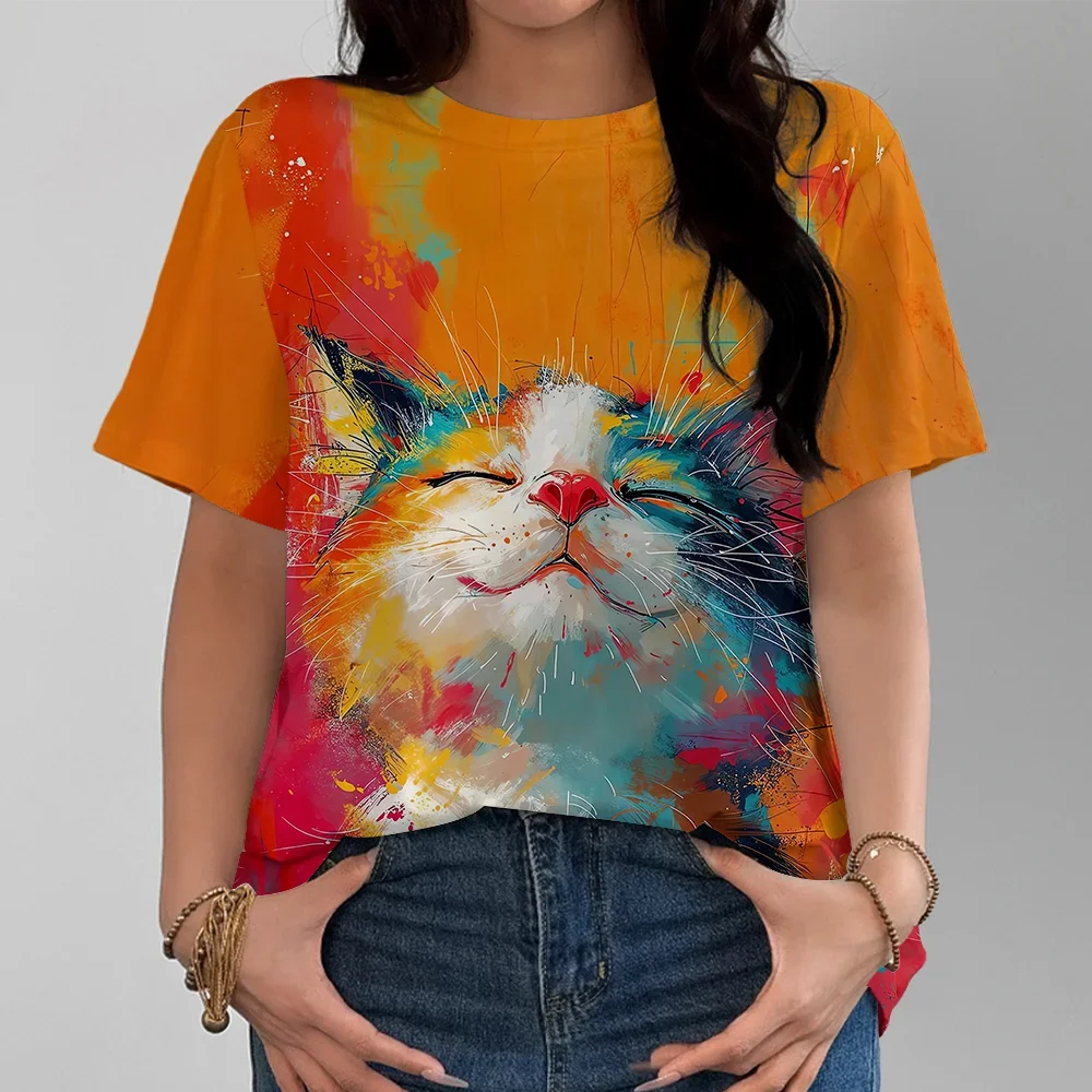

Plus Size 1XL-5XL Lively Dreamy Abstract Bright Colored Cat Art Women's T-shirt Casual and Fashionable Orange Short Sleeve