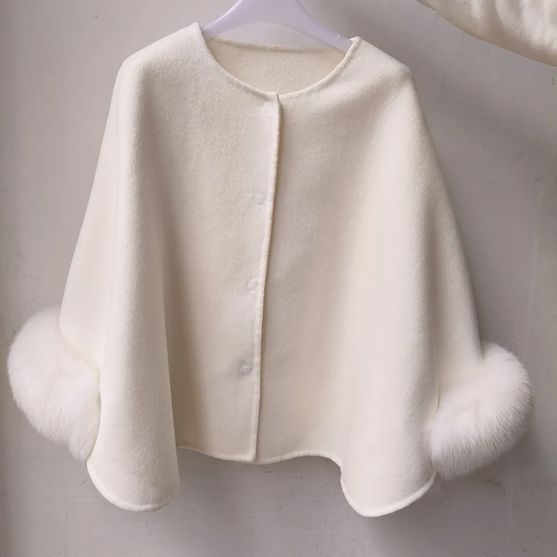 Women Short Wool Coat With Real Fox Fur Cuff Fashion Warm Genuine Wool Female 2024 Wool Shawl Outwear Genuine Fox Fur