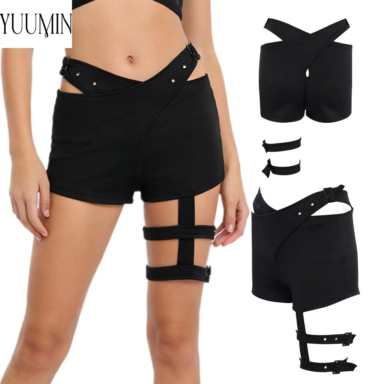 Womens Workout Shorts Adjustable Buckled Cutout Cross Waistband Shorts with Leg Rings for Yoga Dance Music Festival Club Party