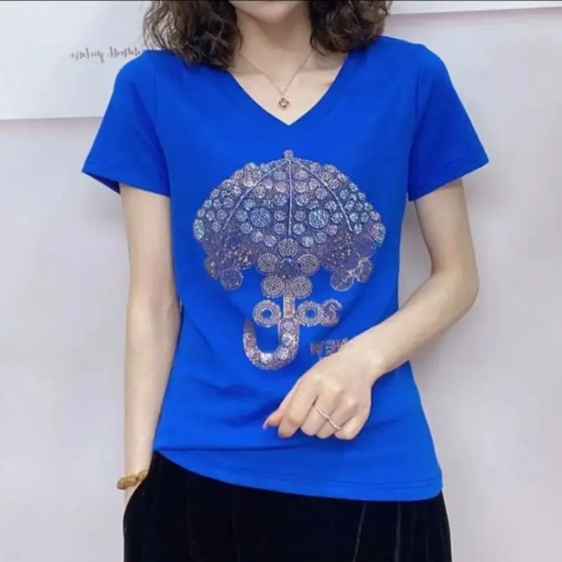 Fashion V-Neck Solid Color Diamonds T-Shirt Women\'s Clothing 2023 Spring New Oversized Casual Pullovers All-match Tee Shirt