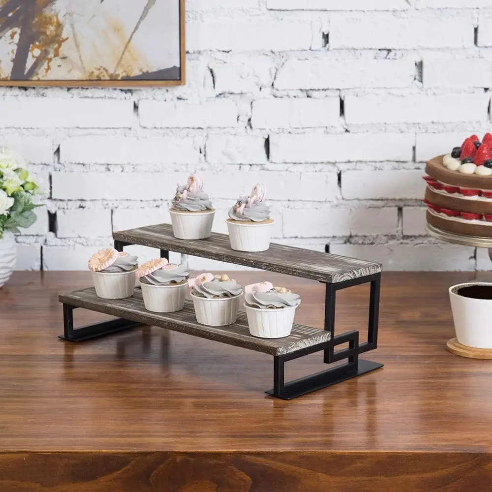 2단 토치드 우드 및 메탈 디저트 디스플레이 라이저