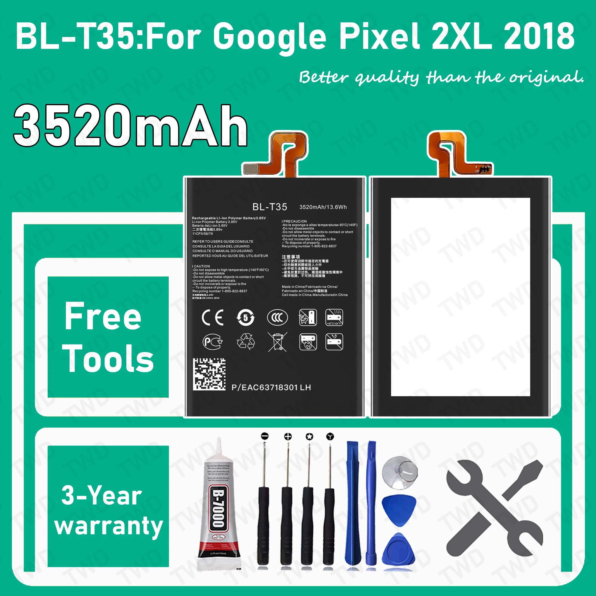 BL-T35 Large capacity 3520mAh Battery For Google Pixel 2XL 2018 Batteries New High Quanlity+Free Tools