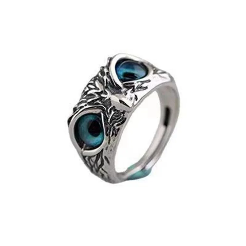 Retro animal opening adjustable blue eyed owl ring for couples image 5