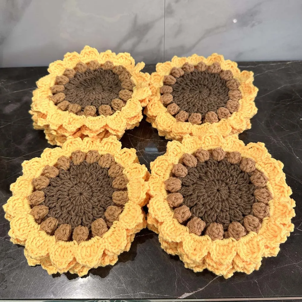 Hand colorful Sun flower crochet table place mat round pad Cloth placemat cup flower coaster doily kitchen Christmas wedding dec