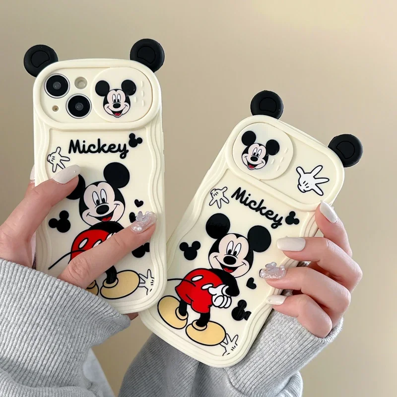 Cute Disney Mickey Ear Push Window Phone Cases For iPhone 15 14 13 12 11 Pro Max Mini XR X XS MAX 8 7 Plus Anti-fall Back Cover