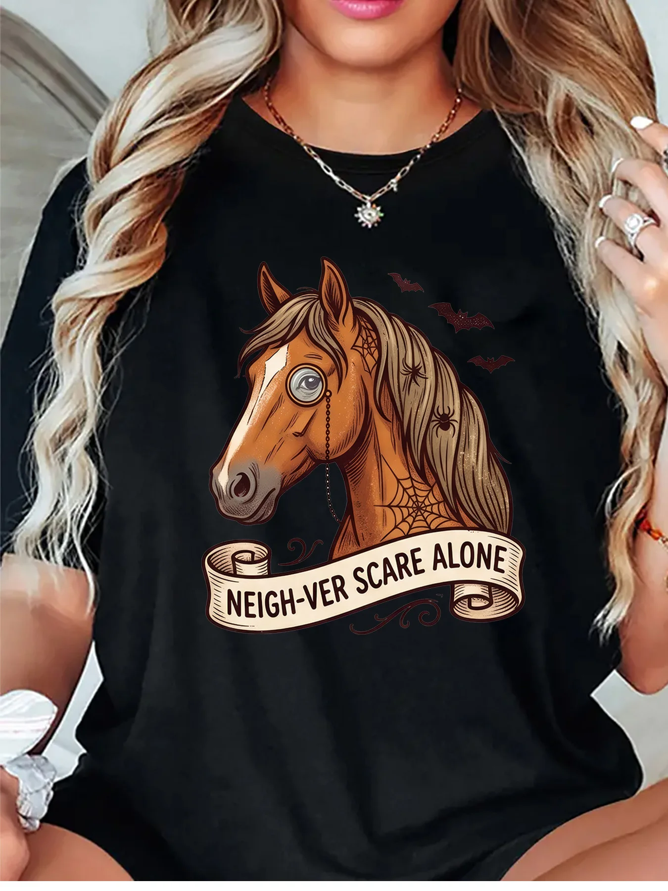Spooky Horse Neigh Ver Scare Alone Spider Bat Halloween Graphic Womens T Shirt Short Sleeve Crew Neck Casual Ladies Tee Tops
