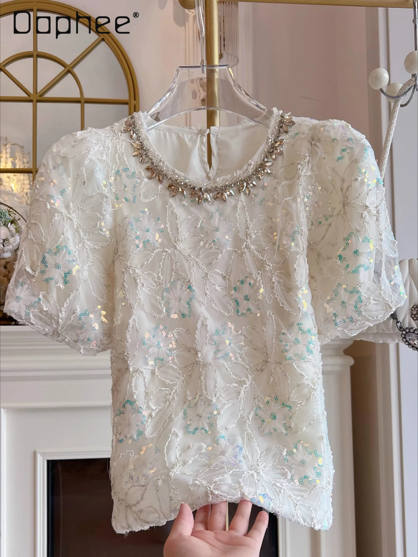 

Heavy Industry Beaded Sweet Rhombus Bubble Sleeve Crew Neck Shirt Women Top Commuter Fashion Color Sequins Short Sleeve Shirts