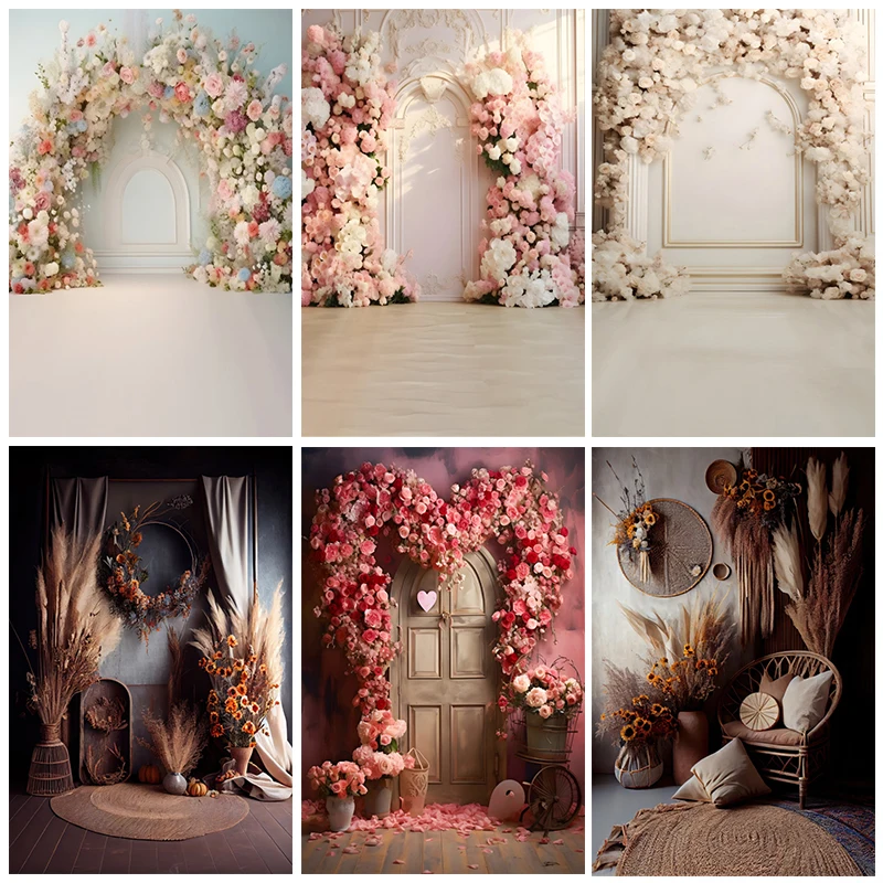 

Wedding Boho Backdrop Wall Retro Flower Window Curtain Bridal Shower Portrait Birthday Party Photography Background Photo Studio