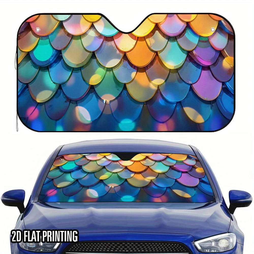 2D Flat, 1pc Rainbow Scale Print Car Sunshade - 2D Flat Design with Vibrant Iridescent Scales, Includes 4 Suction Cups