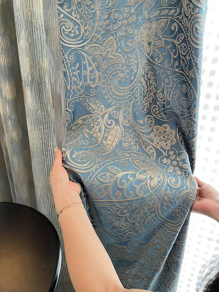 Gold Embossed Blue Jacquard Splicing Thickened Blackout Curtains for Bedroom Living Room French Window Balcony Window Customized