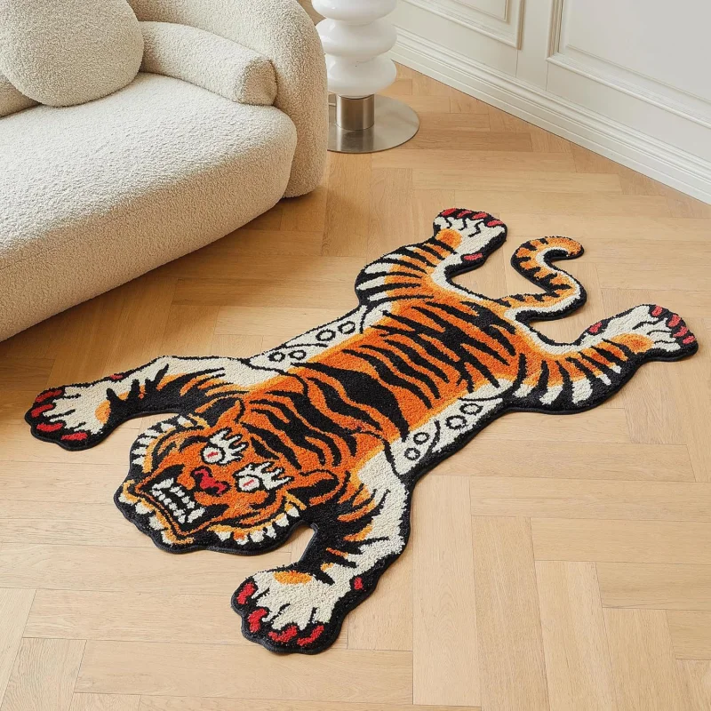 VIKAMA Vintage Tiger Shape Rug Animal Skin Print Non Slip Floor Mat Retro Style Bedroom Living Room Decor Carpet