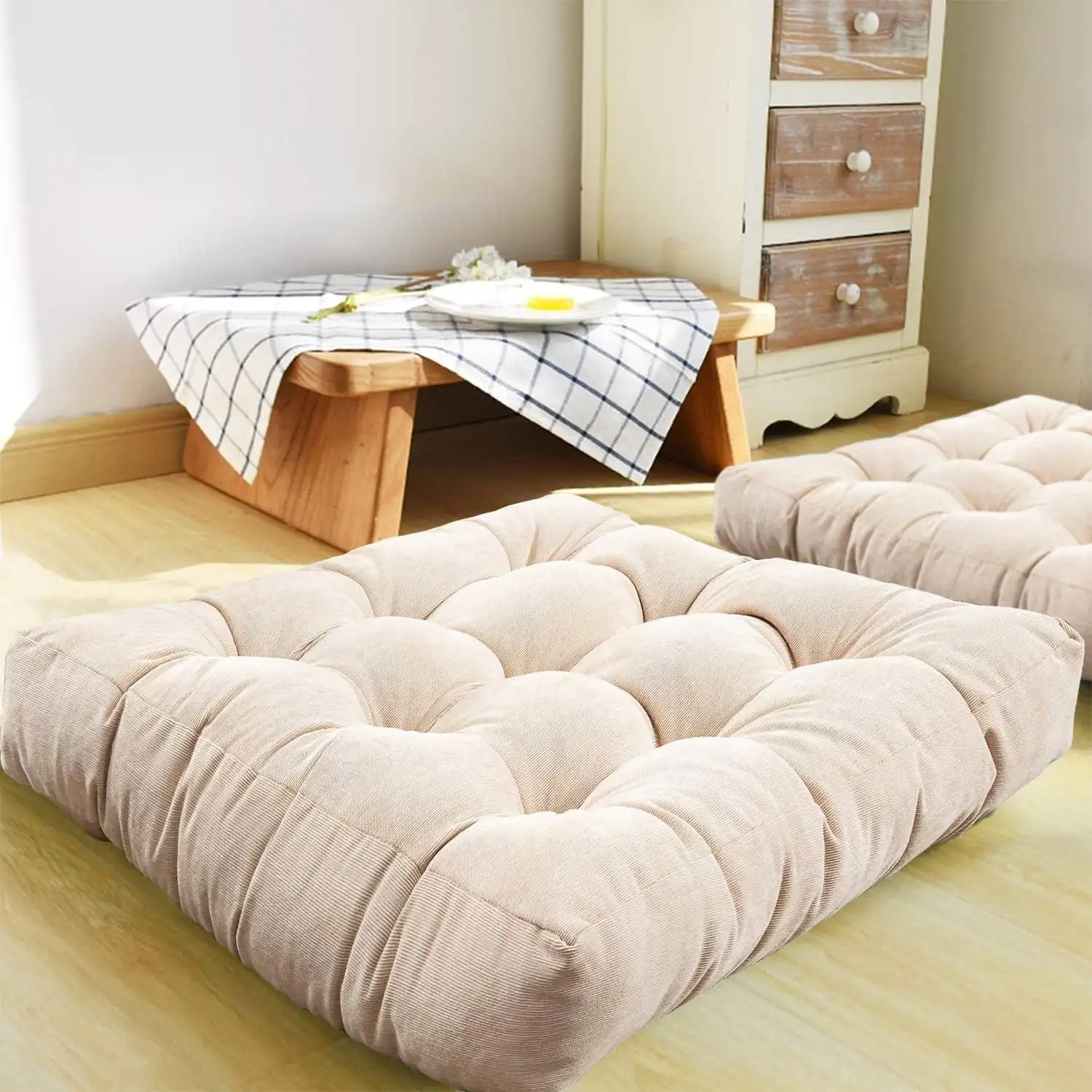 Square Thicken Floor Cushion Cotton Linen Thick Meditation Pillow 21x21 Inch Beige Dimensions 22.00 x 22.00 x 3.50 Inches